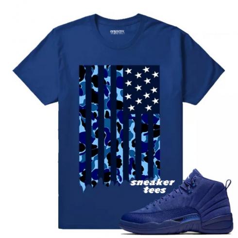 Match Jordan 12 Blue Suede Camo Flag เสื้อยืดสีน้ำเงินเข้ม