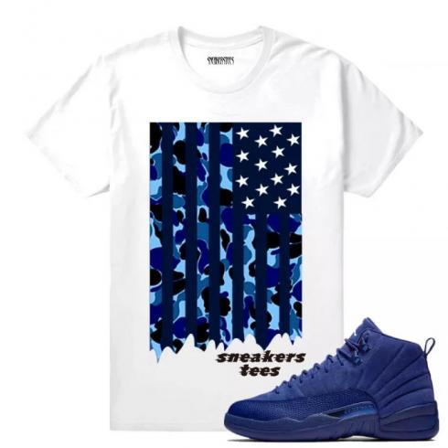 Match Jordan 12 blauw suède camo vlag wit T-shirt