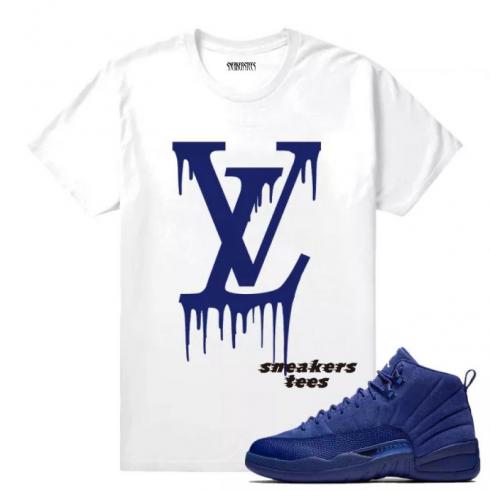 T-shirt Match Jordan 12 in pelle scamosciata blu LV Drip bianca