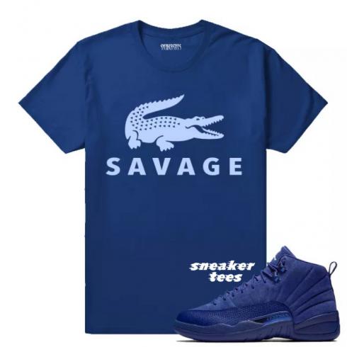 จับคู่เสื้อยืดสีน้ำเงิน Jordan 12 Blue Suede Savage