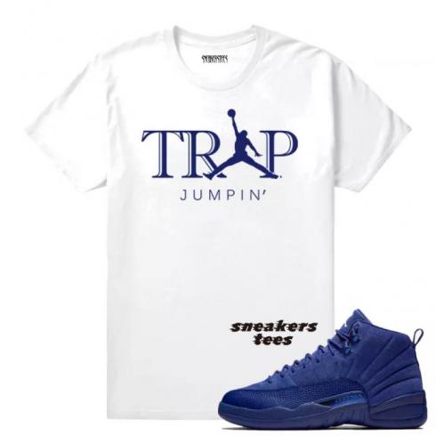 Match Jordan 12 Blue Suede Trap Jumpin Bílé tričko
