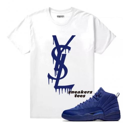 Passend zum T-Shirt „YSL Drip White“ aus blauem Wildleder von Jordan 12