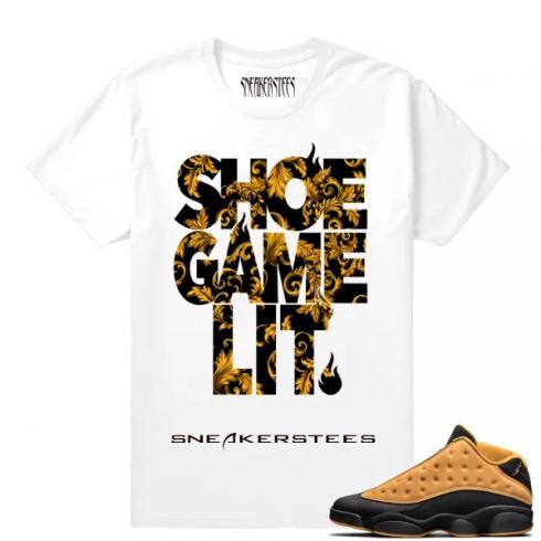 Match Air Jordan 13 Chutney Shoe Game Lit weißes T-Shirt