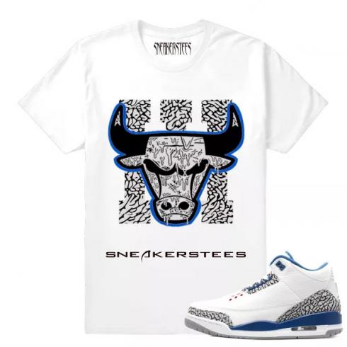 Match Jordan 3 True Blue OG Bull Drip 3s hvid T-shirt