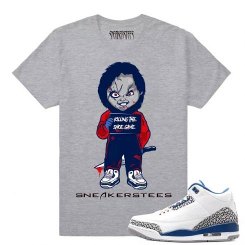 Match Jordan 3 True Blue OG Chucky Killing Shoe Game Heather Grey T-shirt