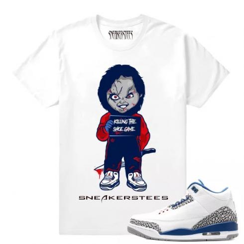 Match Jordan 3 True Blue OG Chucky Killing Shoe Game Camiseta branca