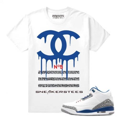 Match Jordan 3 True Blue OG Designer Drip White เสื้อยืด