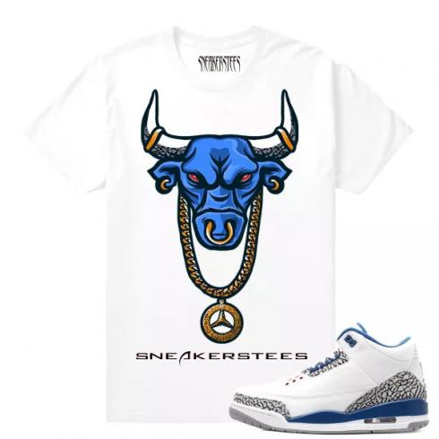 Match Jordan 3 True Blue OG OG Bull bílé tričko