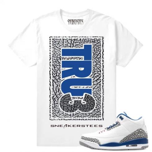 Match Jordan 3 True Blue OG Rare Air True Print weißes T-Shirt