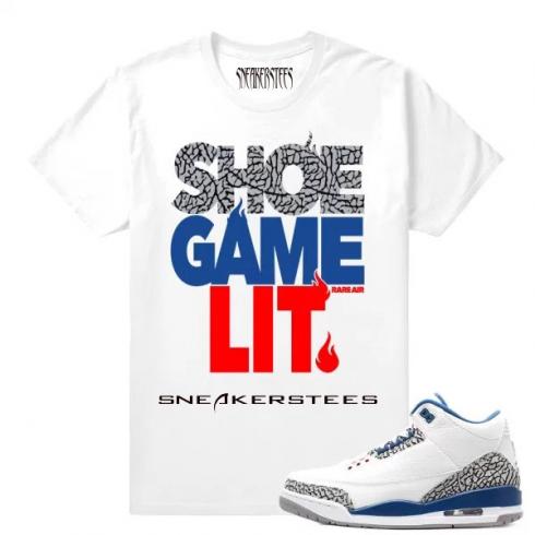 Match Jordan 3 True Blue OG Shoe Game Lit เสื้อยืดสีขาว