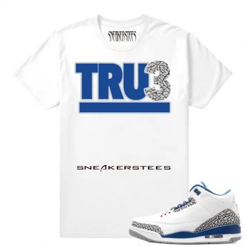 Match Jordan 3 True Blue OG TRUE 흰색 티셔츠, 신발, 운동화를