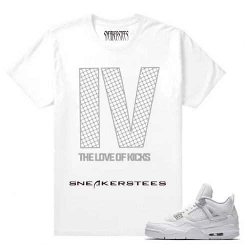 Passend zum weißen T-Shirt „Pure Money Love of Kicks“ von Air Jordan 4
