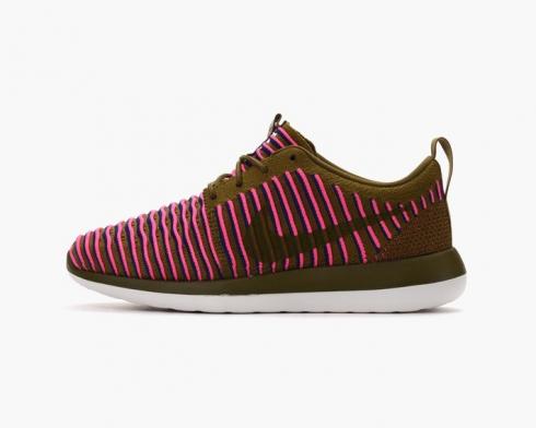Nike Roshe Two Flyknit Olive Flak Pink Blast Chaussures Femme 844929-300
