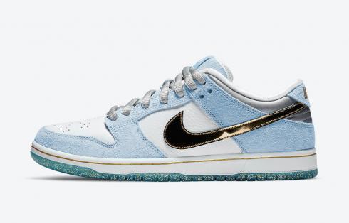 Sean Cliver x Nike SB Dunk Low Holiday Special Branco Psychic Blue Metallic Gold DC9936-100