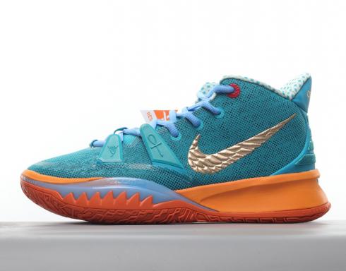 2021 Concepts x Nike Kyrie 7 Ikhet Peacock Blue Metálico Ouro Laranja CT1135-900