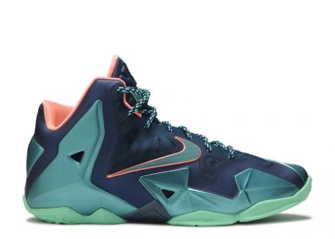 Nike Lebron 11 Akron Vs 邁阿密藍粉勇敢礦物綠原子青色 Glow 621712-401
