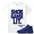 Match Jordan 12 Blue Suede Shoe Game Lit T-shirt blanc