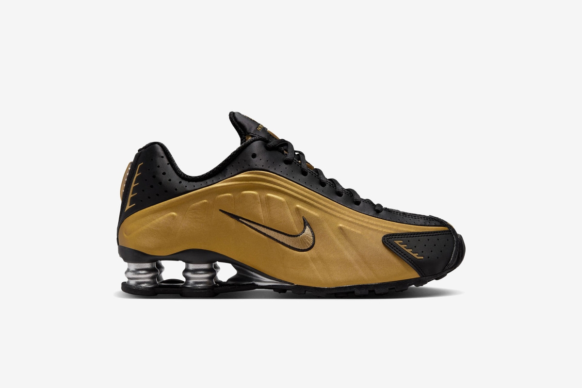 AcmShops black and pink suede nike shox shoes sneakers Nike Shox R4 Nike Wmns Shox R4 AR3565 005 Black Silver Gold Metallic