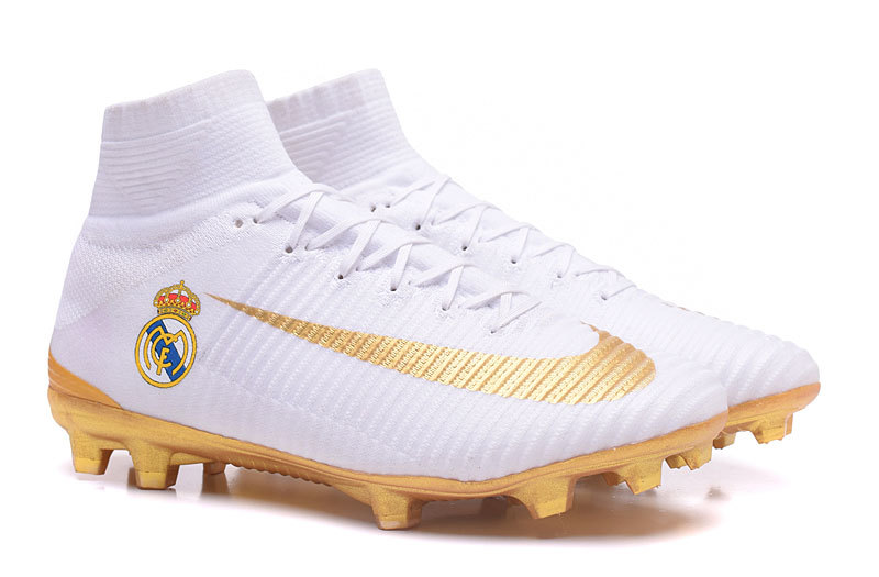 zapatillas de niño niña apoyo talón talla 23.5 - Nike Mercurial Superfly V FG Real Madrid Soccers Fetch Shoes White Golden - RvceShops