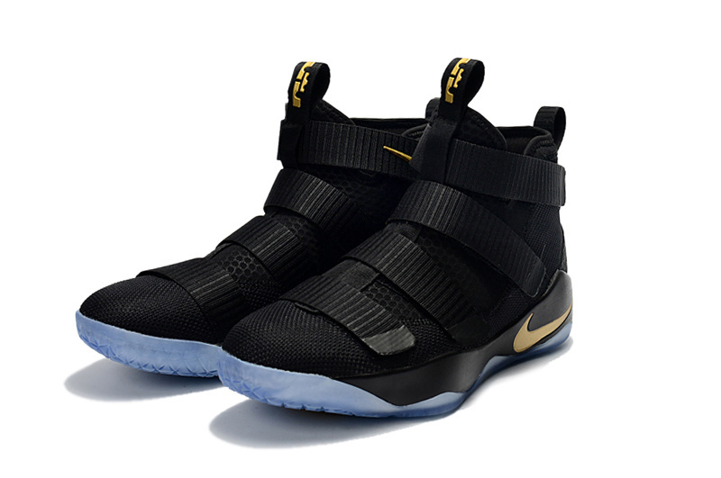 Lebron Soldiers XI 11 covering up the shoe s traditional Air Max unit and making it non visible GaleriahitShops Nike Zoom Lebron Soldiers XI 11 black gold Youth Big Kid Shoes